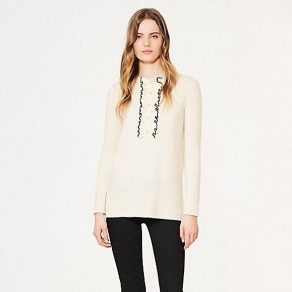 Tory Burch EMILY Cashmere Sweater Gold Logo Pearl Button Front Ivory White XS - Picture 1 of 12